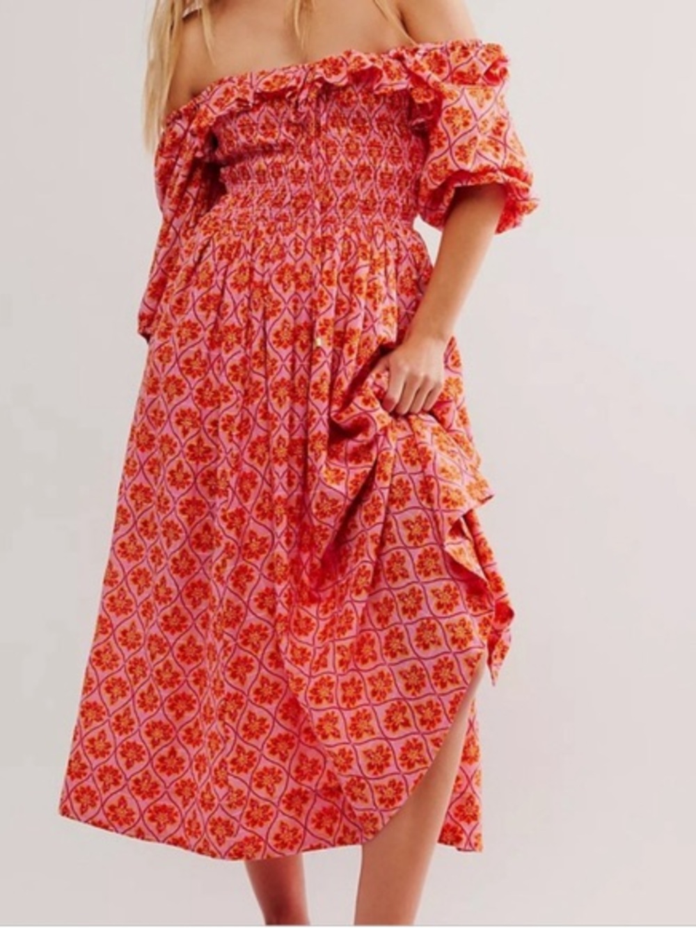 NWT Free People Oasis Smocked Boho Midi Dress Floral Pink S